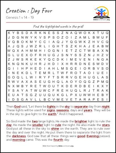 Creation : Day Four - Bible Word Search Puzzle