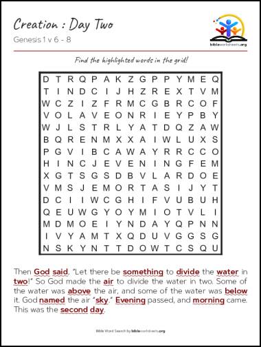 Creation : Day Two - Bible Word Search Puzzle