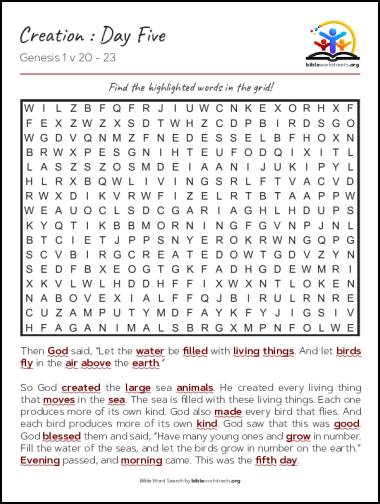 Creation : Day Five Bible Word Search Puzzle
