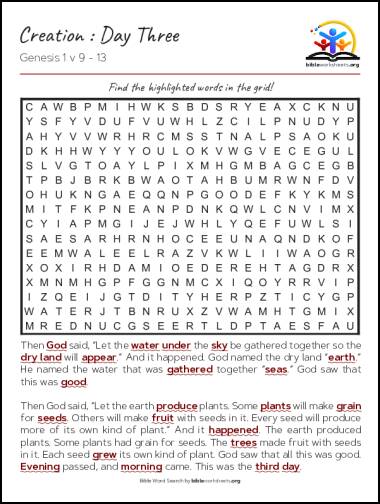 Creation : Day Three Bible Word Search Puzzle